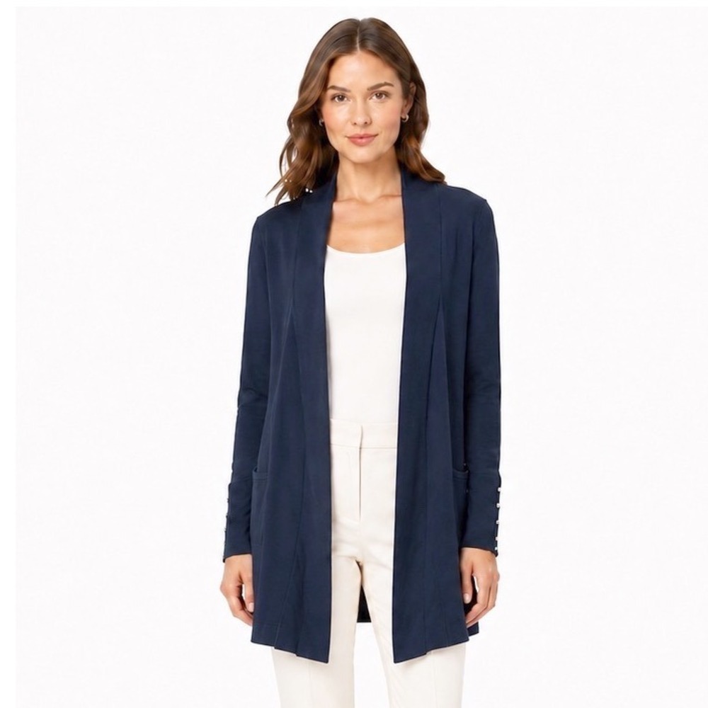 Verve Ami Navy Blue Open Front Cardigan Longline Button Cuff Pockets M 111-17